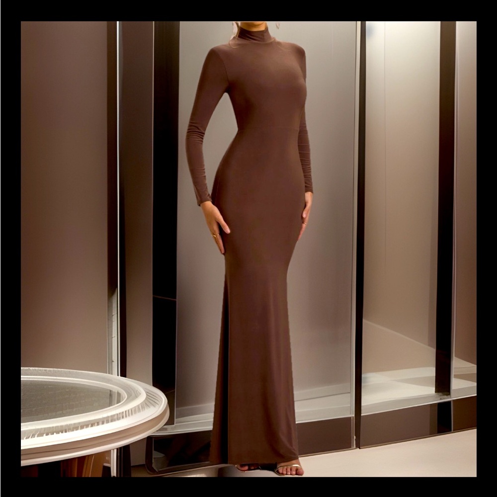 Elegant HONOR THE GIFT High Neckline LS Premium Stretch Ribbed Maxi Length Dress